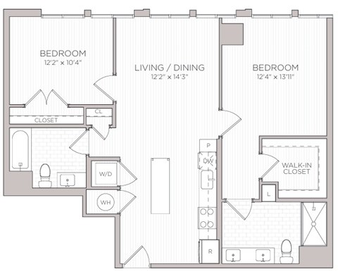 Floor plan for 2 beds, 2 baths, 1043 sqft